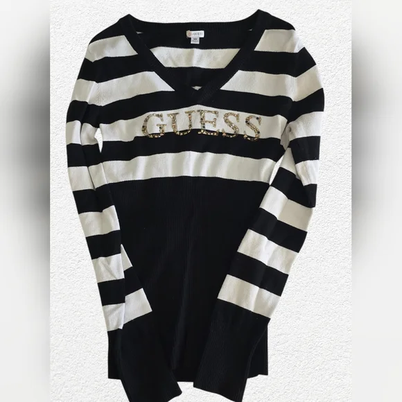 GUESS Sweater Bundle Womens M Logo V Neck + Striped Embellished Sweater - Picture 8 of 11